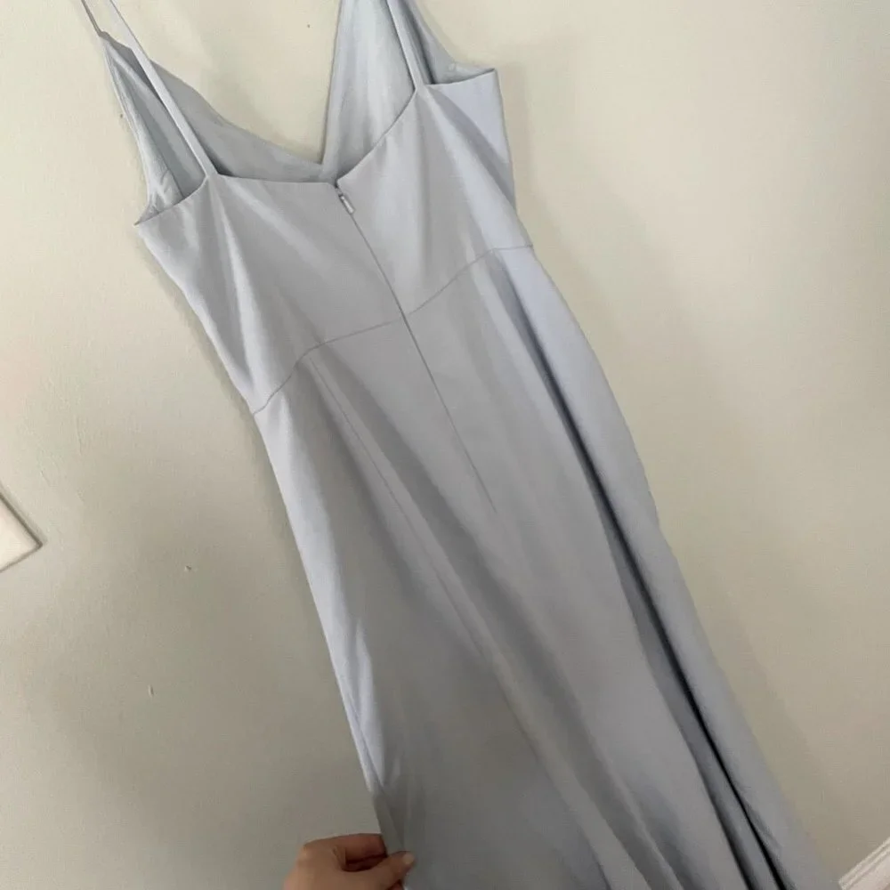 Dessy Collections light blue v-neck spaghetti straps maxi dress side slit formal